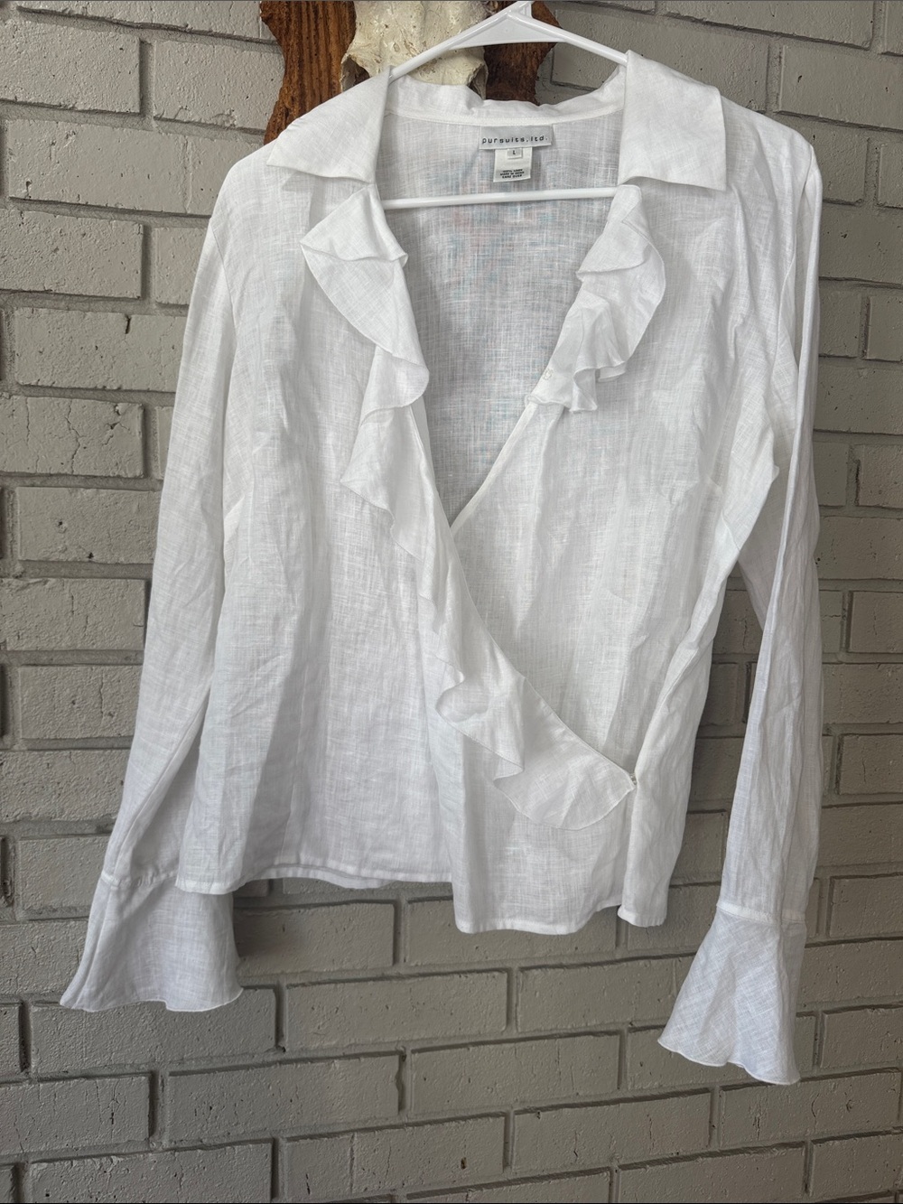 Pure Collection White Ruffle Wrap 100% Linen Blouse